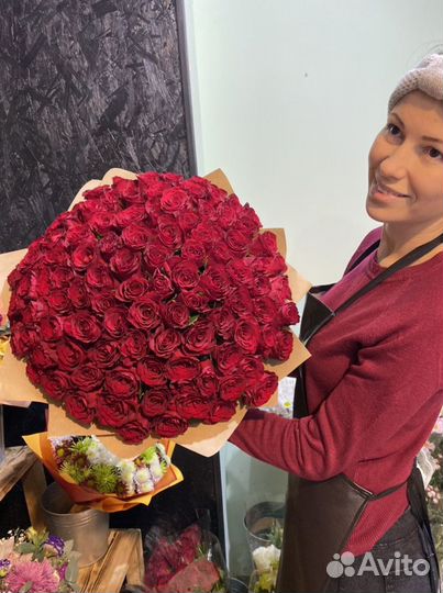 101 роза красная премиум, бесплатная доставка