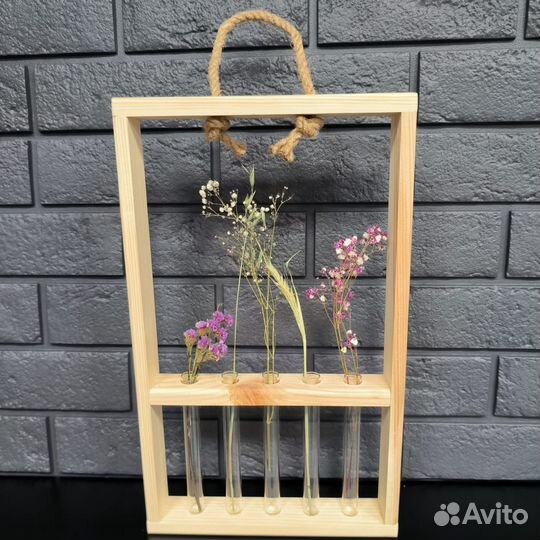 Деревянные кашпо с 5-ю колбами-пробирками