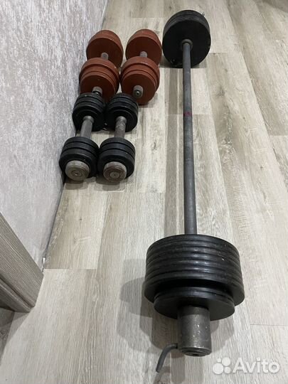Штанга с блинами, гантели 2 пары