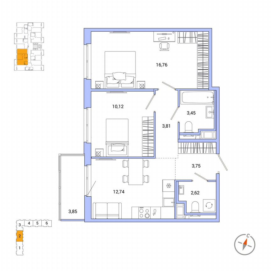 2-к. квартира, 54,4 м², 2/7 эт.
