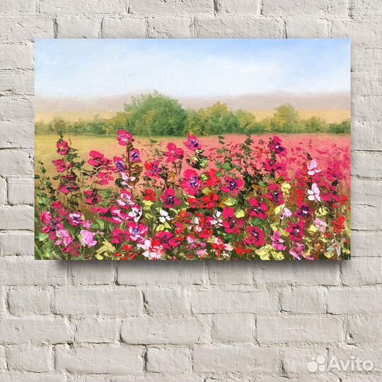 Картина маслом Летний пейзаж с мальвами