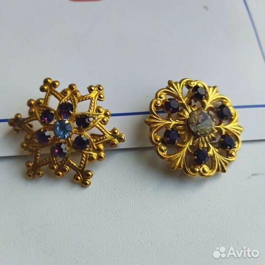 Позолоченная брошь с камушками СССР Чехословакия