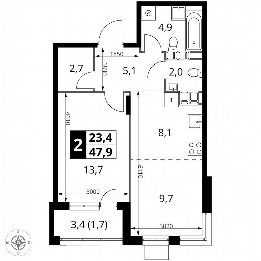 2-к. квартира, 47,9 м², 20/25 эт.