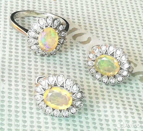Серьги, кольцо серебро опал разм.19,0 С324