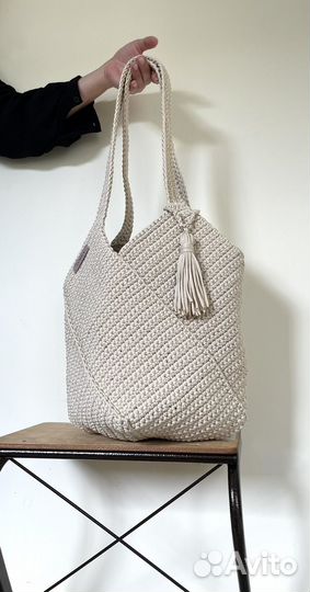 Cумка шопер бежевая, большая вязаная сумка