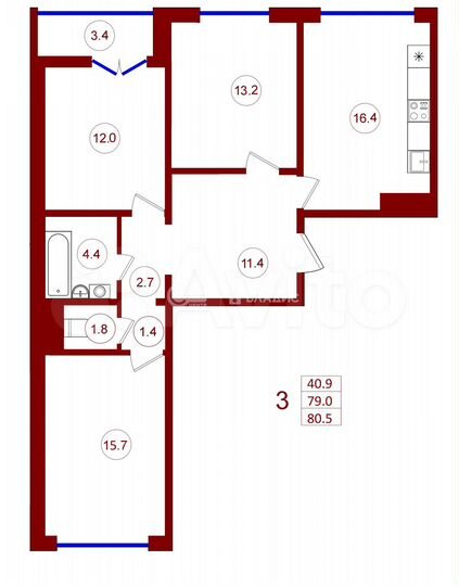 3-к. квартира, 80,5 м², 6/17 эт.