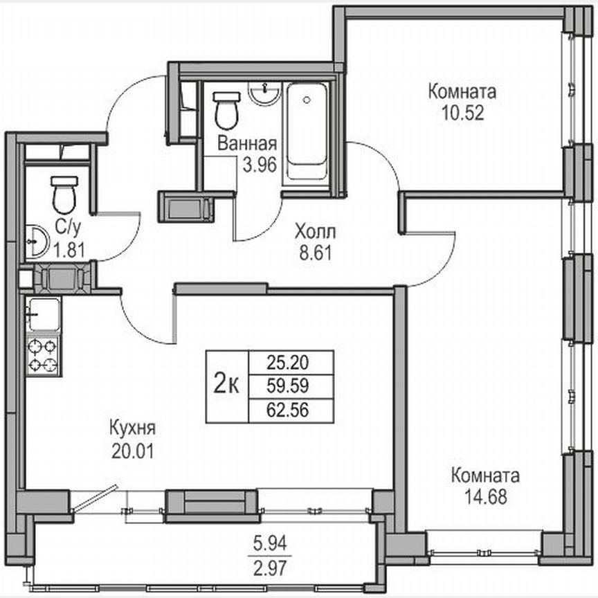 2-к. квартира, 62,6 м², 4/23 эт.