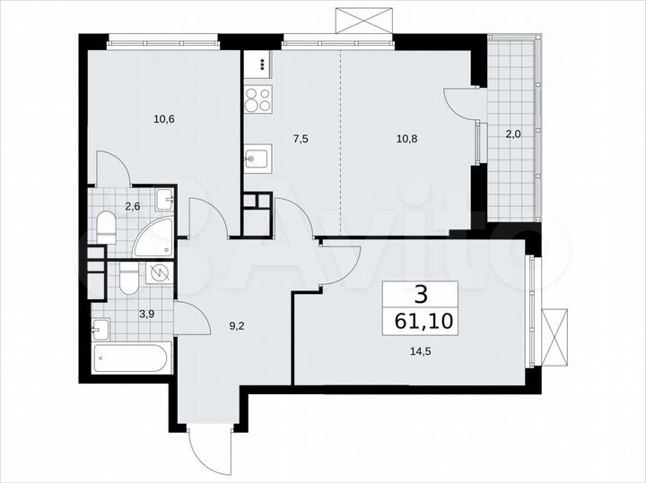 3-к. квартира, 61,1 м², 13/17 эт.