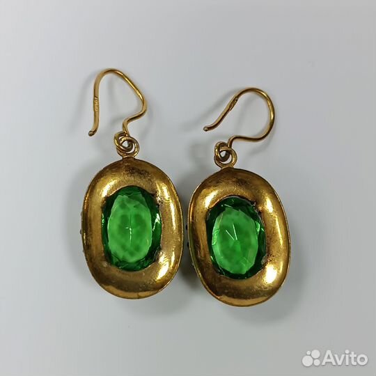 Советские Позолоченные Серьги Зелёные Клеймо СССР