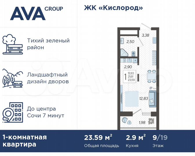 Квартира-студия, 23,6 м², 9/19 эт.