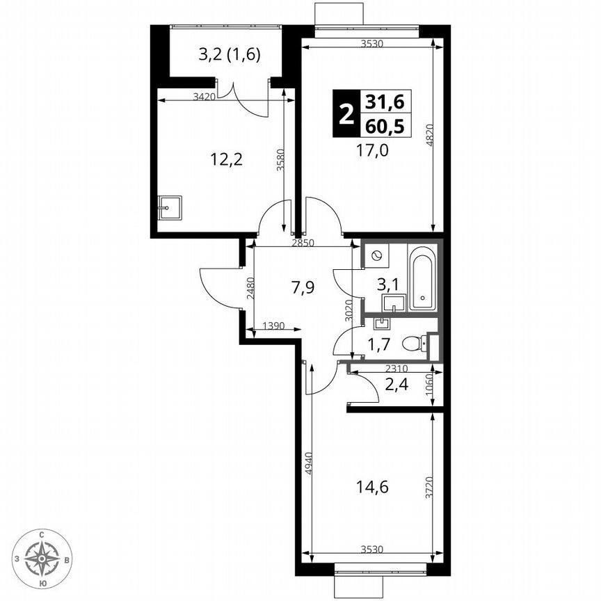 2-к. квартира, 60,5 м², 11/14 эт.