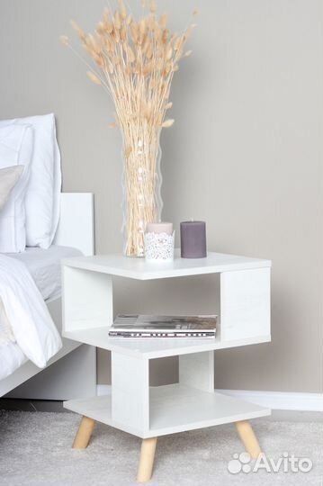 Тумба Прикроватная на деревянных ножках бетон пайн