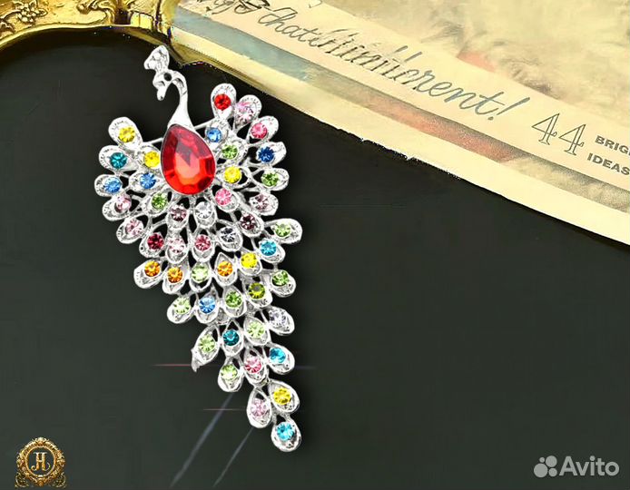 Брошь Кулон Павлин с горным хрусталем подвижная