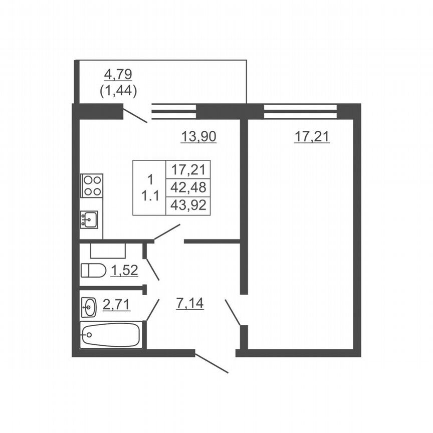 2-к. квартира, 43,9 м², 7/16 эт.