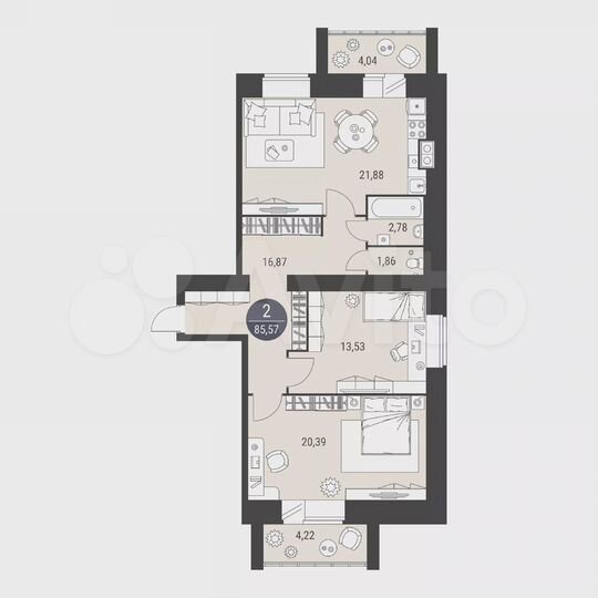 2-к. квартира, 85,6 м², 5/10 эт.