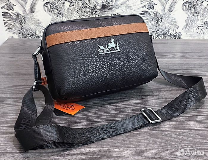 Мужская кожаная сумка Hermes cross black новая