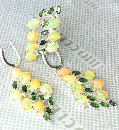 Серьги опал, хромдиопсид серебро С071