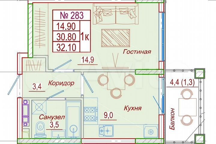 1-к. квартира, 32,1 м², 1/6 эт.