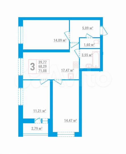 3-к. квартира, 71,1 м², 1/8 эт.