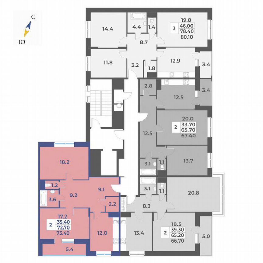 2-к. квартира, 75,4 м², 3/5 эт.