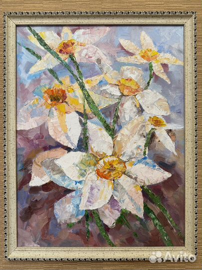 Картина маслом. Нарциссы. Свежесть весны