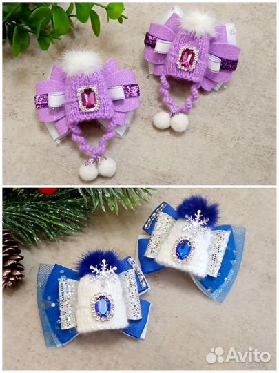 Бантики для волос с шапочками. Ручная работа