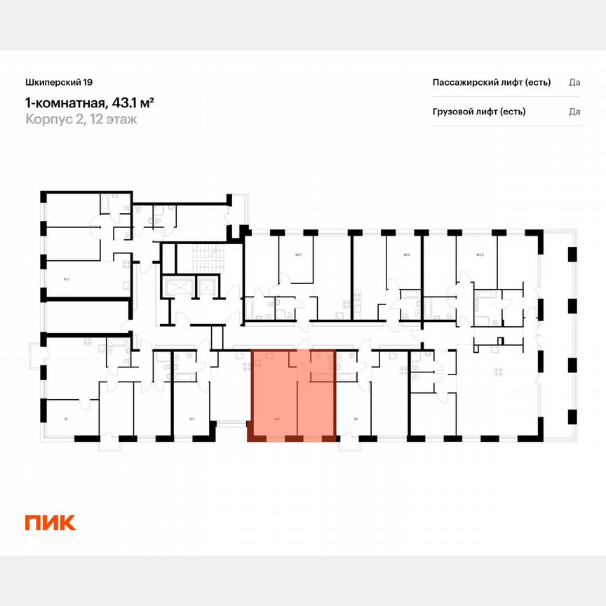 1-к. квартира, 43,1 м², 12/12 эт.