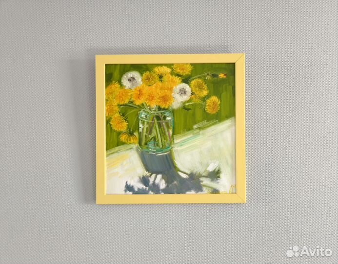 Картина маслом одуванчики в банке 30*30 см