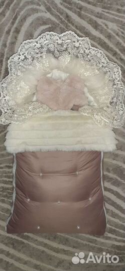 Конверт зимний на выписку, шапочка и теплое одеяло