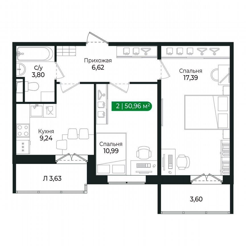 2-к. квартира, 51 м², 2/8 эт.