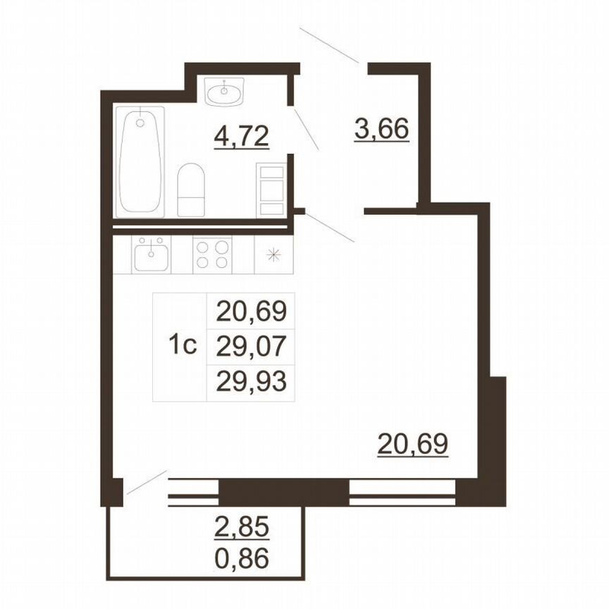 Квартира-студия, 29,9 м², 6/6 эт.