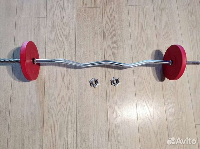 Штанга 15кг изогнутая W, диски Обрезиненные