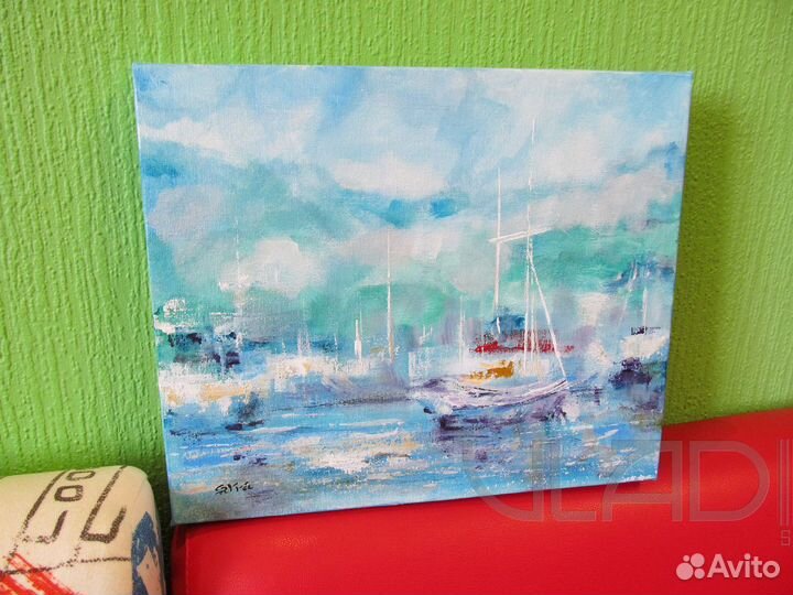 Картина маслом море лодки яхты причал берег лето