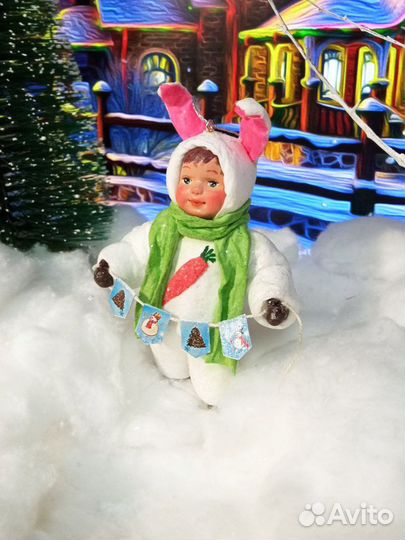 Ватные елочные игрушки. Мальчик - зайчик