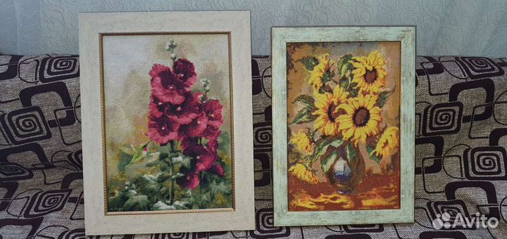 Картина Вышивка Крестиком Подсолнухи в вазе, цветы