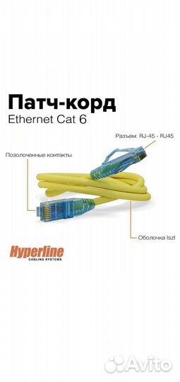 Патч-корд Hyperline, U/UTP, Cat.6 1.5м 2м 3м