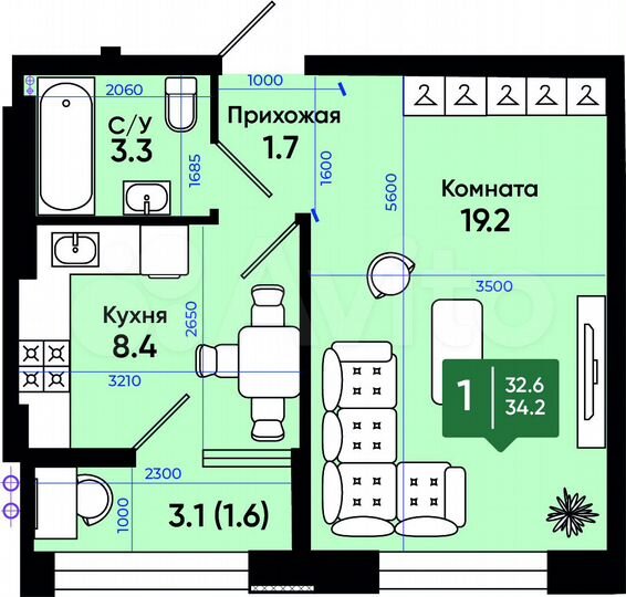 1-к. квартира, 34,6 м², 3/3 эт.