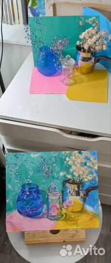 Картина натюрморт с посудой букет пушистиков