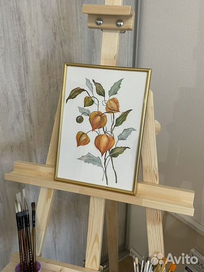 Картина акварель цветы Физалис в фото рамке