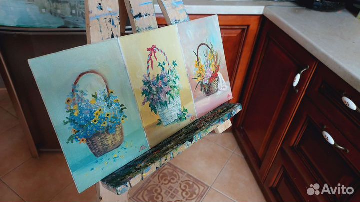 Картины Триптих цветы в корзинках