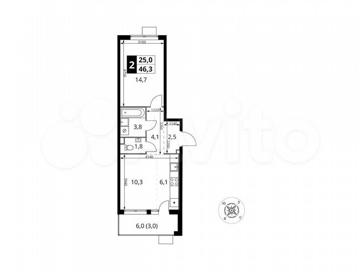 2-к. квартира, 46,3 м², 16/16 эт.