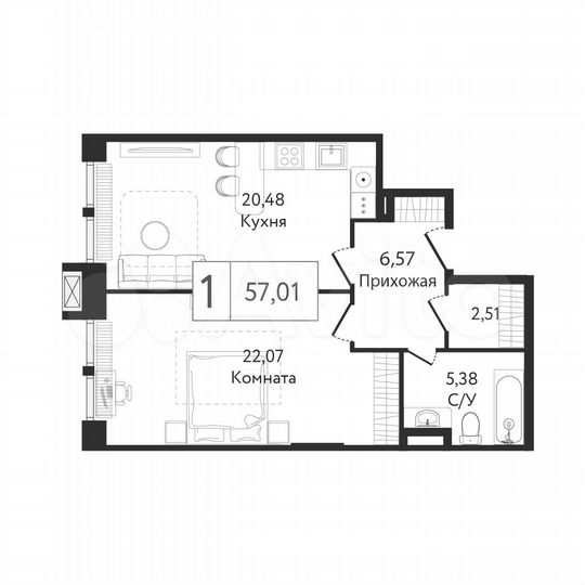 1-к. квартира, 57 м², 12/23 эт.