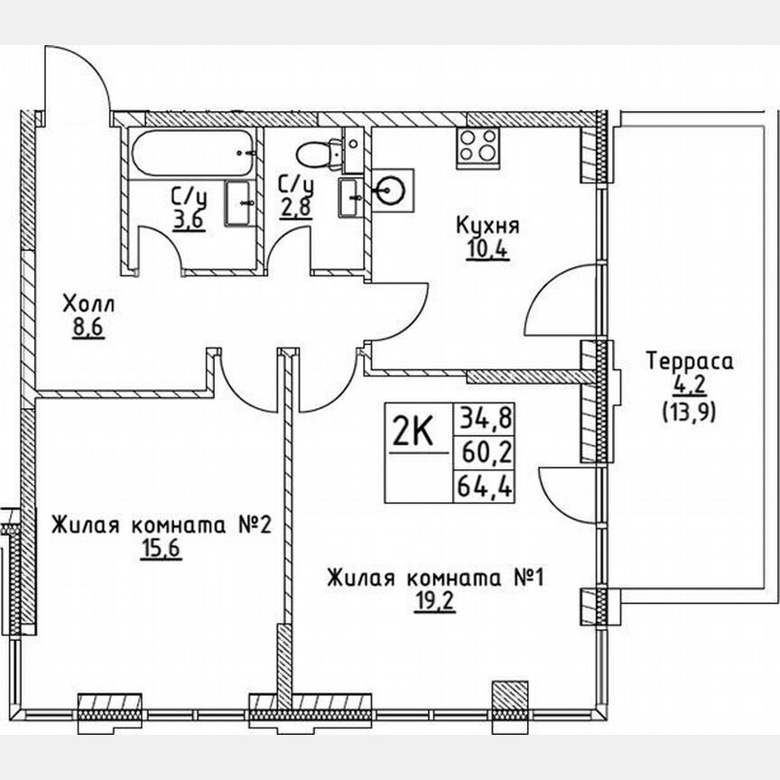 2-к. квартира, 60,2 м², 2/19 эт.