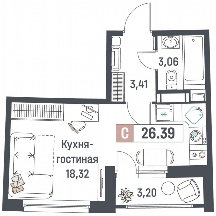 Квартира-студия, 26,4 м², 5/18 эт.