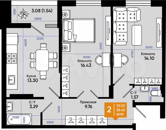 2-к. квартира, 59 м², 4/9 эт.