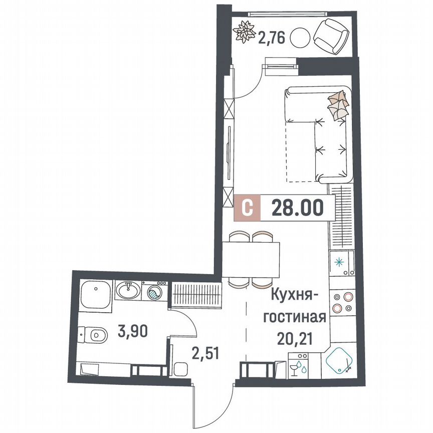 Квартира-студия, 28 м², 17/18 эт.