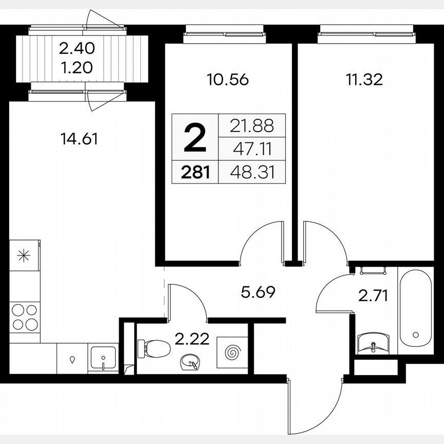 2-к. квартира, 48,3 м², 1/9 эт.