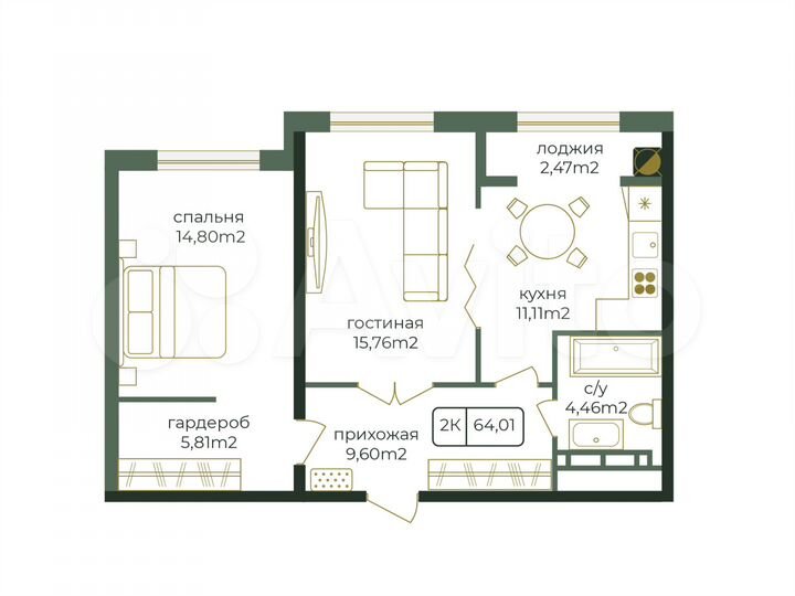 2-к. квартира, 64 м², 13/16 эт.