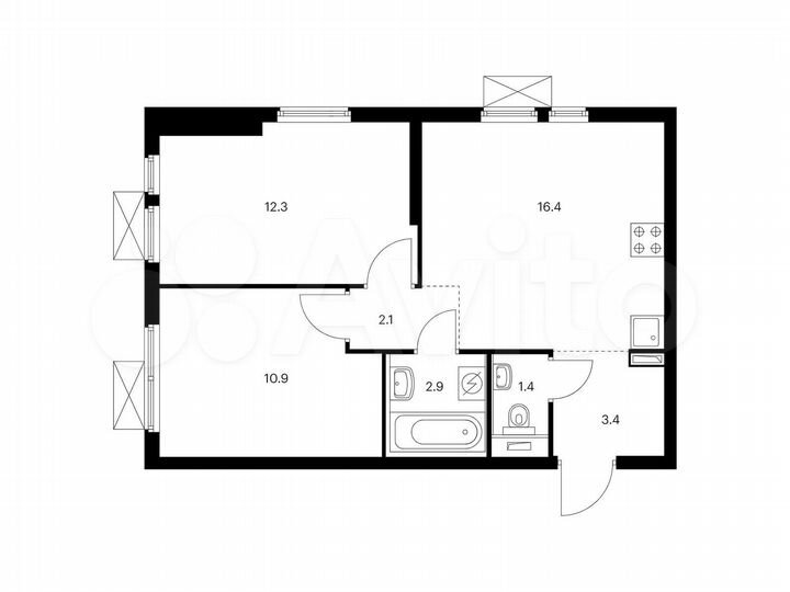 2-к. квартира, 49,4 м², 14/25 эт.