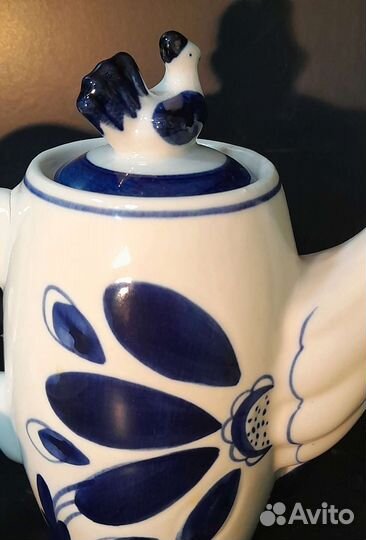 Чайник кофейник Петух Курочка Гжель + 6 чашек